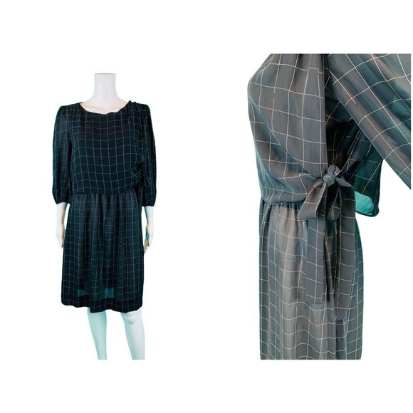 Vintage 80s Sheer Dress Womens Medium Black Windowpane Waist Tie - Picture 2 of 10